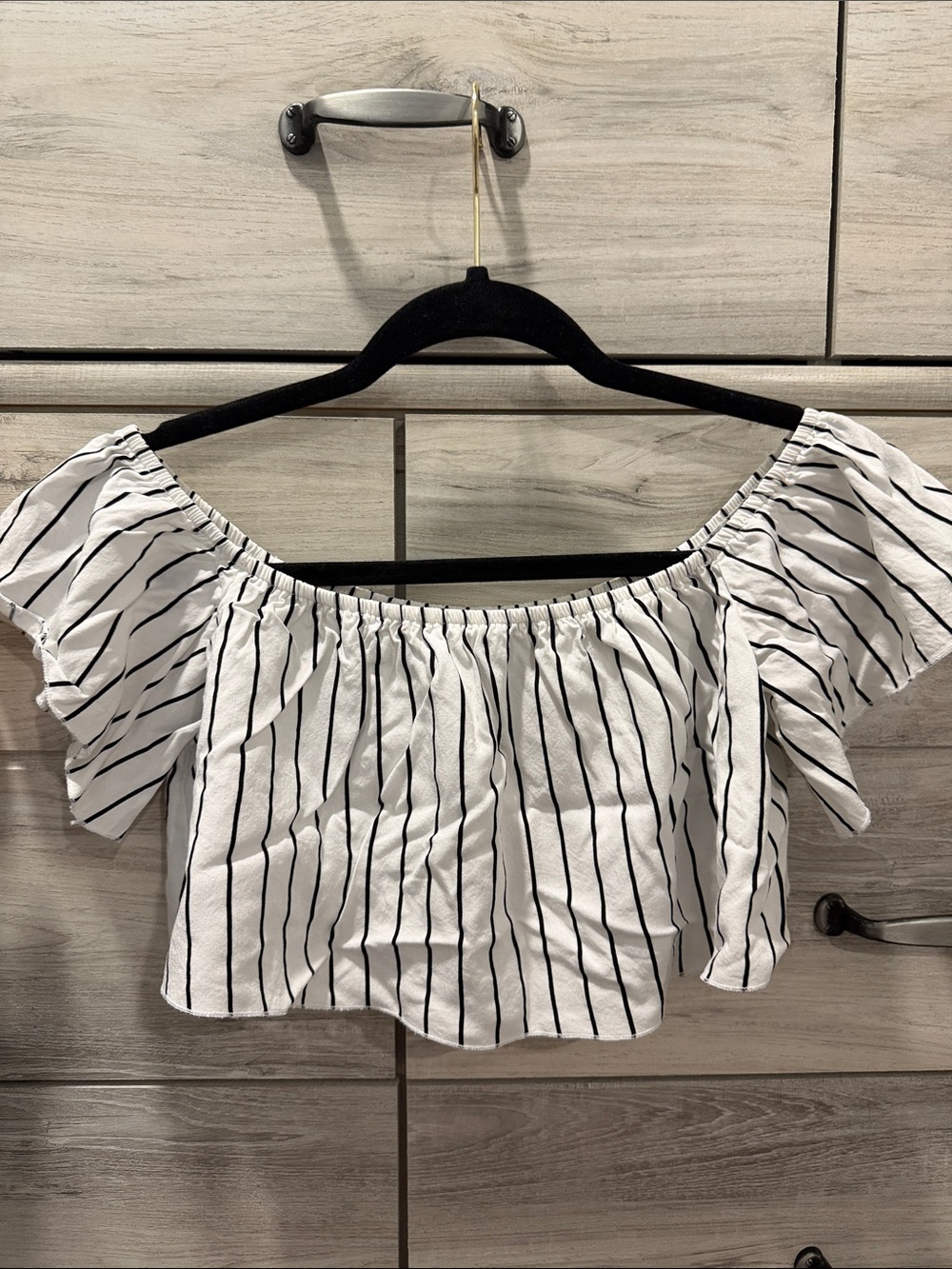 Forever 21 White Off-Shoulder Crop Top with Black Stripes